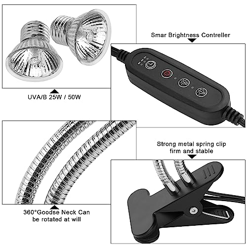 Reptile Heat Lamp, Dual-Head UVA UVB Reptile Light, Heating Lamp with Cycle Timer, Heat Lamp for Reptiles Bearded Dragon Turtle Crab Snake Lizard, Separate Control, 3 Basking Bulbs Light - color: Dual-head Lamp With Timer & 3 Bulbs