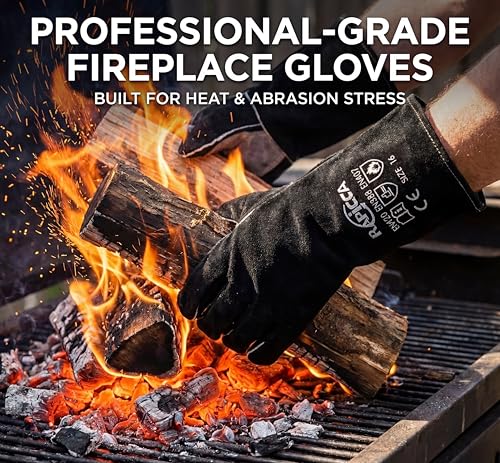 RAPICCA Fireplace Fire Pit Gloves, 662°F Fireproof Leather, 14 in Black | For Wood Stove, Campfire, Charcoal, Cast Iron, BBQ Grill, Oven, Stick & MIG Welding, Forge, Dry Ice - color: Black(length 14in)