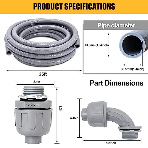 Liquid-Tight Conduit, 1-1/4 inch 25 Foot Flexible Non Metallic Electrical Conduit and Connector Kit,With 4 Straight and 2 Angle Fittings - size: 1-1/4inch 25FT