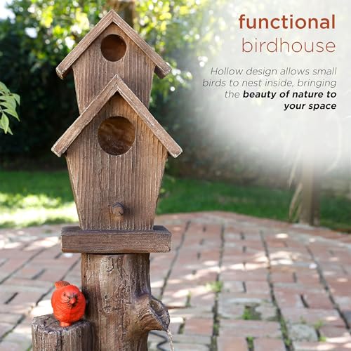 Alpine Corporation 35" Tall Outdoor 3-Tier Birdhouse Water Fountain with Cardinal Accent, Rustic Floor Decor for Garden and Patio, Brown - style: 3- Tiered Log & Branch