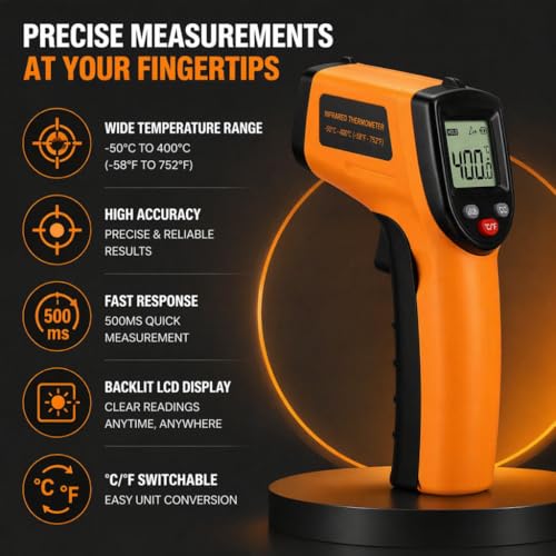Infrared Thermometer Gun,Non Contact Digital Surface Thermometer with Laser Pointer, Backlit LCD,-58°F to 752°F for Cooking,HVAC, Automotive-GM320