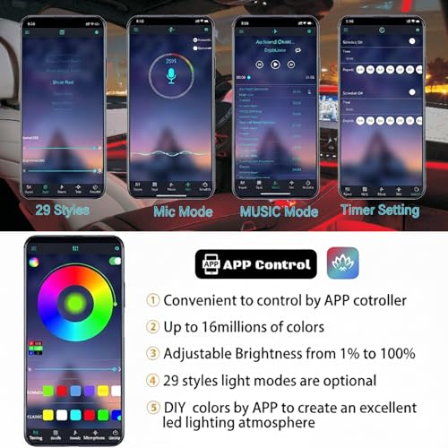Interior Car LED Strip Lights RGB Fiber Optic Trim Lighting 5 in 1，Wireless APP Ambient Lighting Kits 236 inches Fiber Optic, 16 Million Colors Car Neon Lights, Music Sync