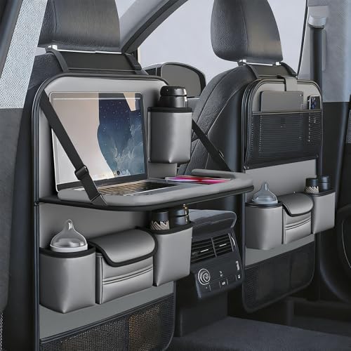 2 Pack Leather Car Backseat Organizer with Foldable Table Tray, Universal Car Seat Back Protector Kick Mat with Touchscreen Tablet Holder, Storage Pockets, Cup Holders & Tissue Holder, Black - color: Gray
