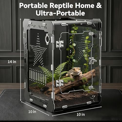 10"x10"x14" Acrylic Reptile Enclosure for Crested Gecko, 6 Gallon Escape-Proof Easy Assembly Large Floor Space, Front Opening Lizard Habitat for Leopard Gecko, Snake, Frog, Small Invertebrates