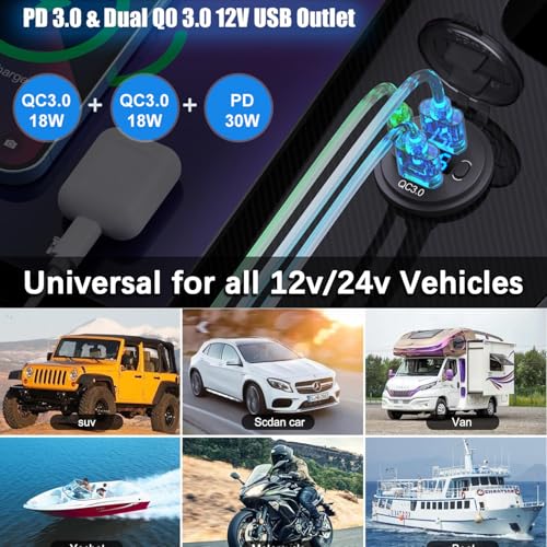 12V USB C Outlet 66W PD+QC Fast Charger Switch Voltmeter for Car Boat - size: Dual QC3.0+PD