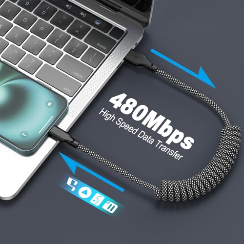 Coiled Carplay Car Charger Fast Charging, USB A to USB C Cable 2 Pack - color: Grey