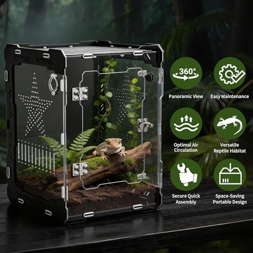 10"x10"x14" Acrylic Reptile Enclosure for Crested Gecko, 6 Gallon Escape-Proof Easy Assembly Large Floor Space, Front Opening Lizard Habitat for Leopard Gecko, Snake, Frog, Small Invertebrates