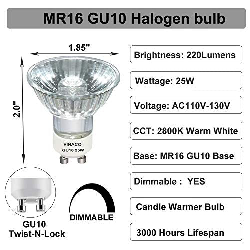 Vinaco GU10 Bulb 6 Pack, MR16 Halogen, Warm White 2800K, Dimmable For NP5 GU10 25W Bulb Candle Warmer, Track Light, Hood Bulbs - style: 25W - 6 Pack