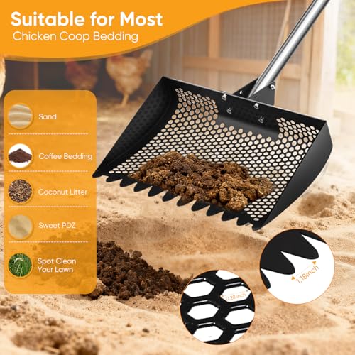 12inch Chicken Poop Scooper & Rake 2-in-1, Heavy Duty Metal Chicken Coop Scoop for Sand with Ergonomic Grip, Adjustable Angle Stainless Steel Chicken Coop Rake Litter Sifting Shovel (37-64") - color: Black