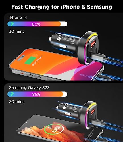 66W USB C Car Charger, [All Metal] 2PD + QC3.0 USB Car Cigarette Lighter USB Charger Adapter with RGB for Samsung Galaxy S23/22/21 iPhone iPad Pro Pixel Android Phones