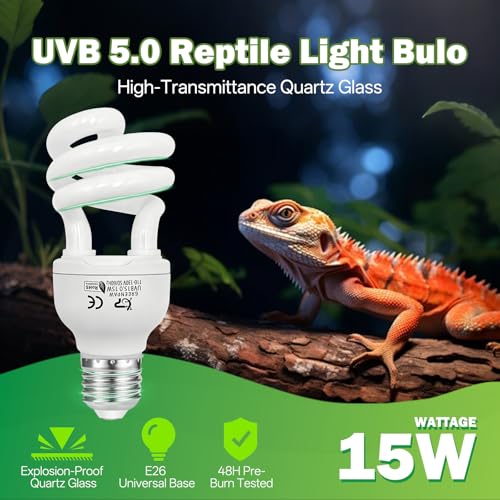 UVB Reptile Light 5.0: 15W Tropical & Subtropical UVA UVB Reptile Light Bulb, UVB Light for Reptiles Compact Fluorescent Terrarium Lamp,UVB Bulb for Chameleon Turtle Gecko Snake Include UV Sensor Card - size: 5.5INCH-5.0