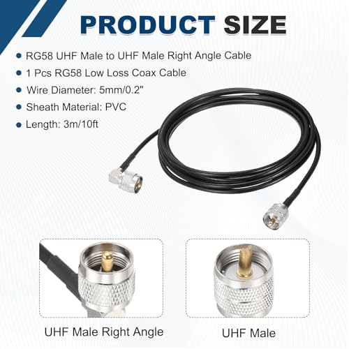 MECCANIXITY Black RG58 CB Coax Cable 10ft, 50 Ohm Low Loss UHF Male to UHF Male Right Angle Extension Jumper Cable for HAM Radio, Antenna Analyzer, HF Radio, and Communication Devices - size: 10ft