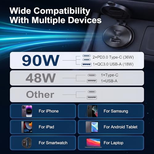 2PCS Aluminum Alloy 12V/24V RV USB Outlet 90W 3 Ports Recessed Mount - color: Deep Black, size: 2P