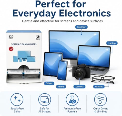 Screen Cleaning Wipes for Electronics,120 Count7"x8"Pre-Moistened Screen Cleaner Wipes with Microfiber Cloth, Individually Wrapped Laptop Computer Phone Tablet Monitor TV Car Screen Cleaning Wipes