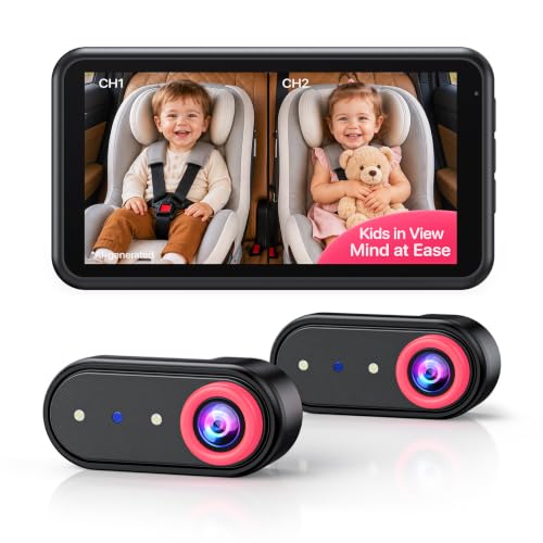 LUCKVIEW Double Car Camera for 2 Baby, 3-Step Setup Baby Car Monitor - color: Pink