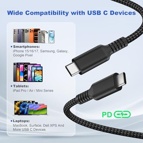 Basesailor USB C to USB C 60W Cable 1.6FT 2Pack Black Braided Fast Charging - color: Black, size: 1.6FT/0.5M