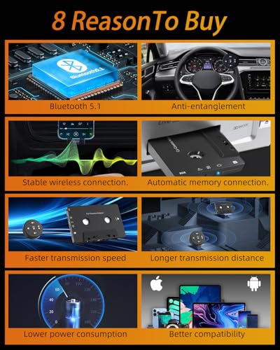 Car Audio Bluetooth 5.1 Cassette Receiver, Cassette Bluetooth Adapter for Car Tape Player, Wireless Cassette Aux Adapter with Hands-Free Calling, Compatibility with Smartphones, Tablets, MP3, TF Card