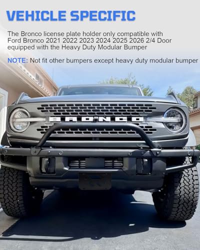 for Bronco Front License Plate Bracket, Steel License Plate Holder No-Drill Required Compatible with 2021 2022 2023 2024 2025 2026 Ford Bronco with Heavy-Duty Modular Bumper 2/4 Door - size: For Bronco Modular Bumper