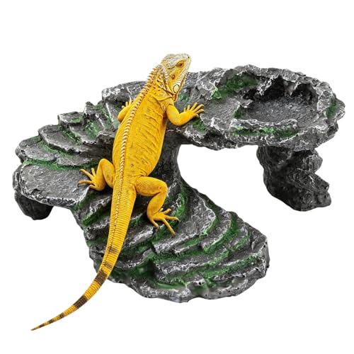 Reptile Hide Cave with Feeding Dish, Basking Platform & Climbing Ledge for Lizards, Natural Rock Style Habitat for Gecko Bearded Dragon Terrarium Decor