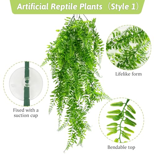 Hamiledyi 5 Pcs Reptile Plants Terrarium Hanging Fake Plant Leaves and Tank Habitat Decorations 2 PCS Terrarium Hanging Plants for Lizard, Snake, Bearded Dragon, Leopard Gecko
