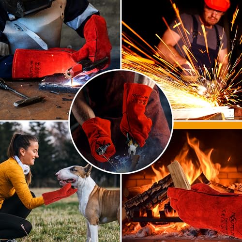 Long Welding Gloves 23.6 Inches 932℉,Heat/Fire Resistant Leather For Mig, Tig, Stick, Forge, BBQ, Grill, Fireplace - color: 14in Red