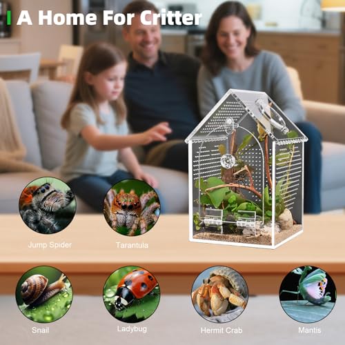 Cycodo Mini Jumping Spider Enclosure, Warp-Proof Acrylic Tarantula Terrarium, Front Opening Bug Habitat with Feeding Port for Praying Mantis, Snail, and Micro Reptile Habitat, 3" x 3" x 5" - size: 3"L * 3"W * 5"H