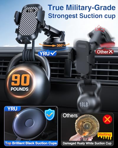 YRU True Military-Grade 360°Rotation Suction 2026 Ultimate Car Phone Holder - color: Gloss Black