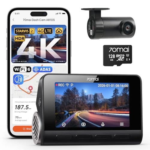 70mai 4K Dash Cam Front and Rear, 4K+1080P Dual STARVIS 2 Car Dash Camera for Cars, 4G LTE Remote Access, AI Motion Detection, WiFi 6, 5 GPS, 24H Parking Mode, HDR Night Vision, Voice Control, ADAS