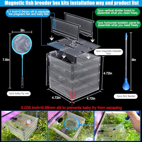 Magnetic Fish Breeder Box for Isolation Boxes Acclimation Hatchery breeding Incubator for Guppy Baby Betta Shrimp Saltwater Clownfish Coral Anemones Aggressive or Injured Fishes
