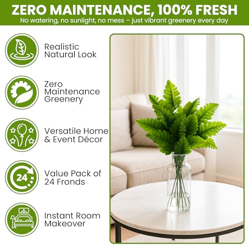 Iconikal 24-Pack Artificial Silk Leather Leaf Fern Fronds, 16-Inch, Wedding Décor Floral Accents