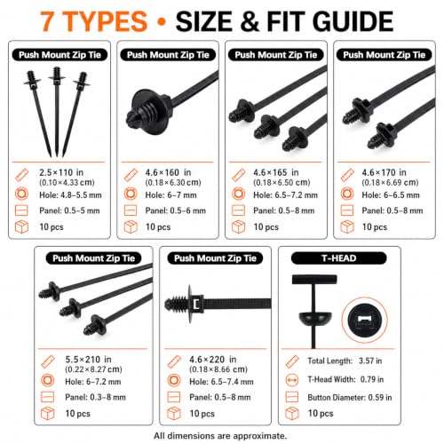 70 PCS Push Mount Zip Ties, Flame Retardant PA66 Nylon Cable Ties, 6 Types Push Pin Zip Ties and 1 Type T-Head Tie, Automotive Wire Harness Clips, Christmas Tree Fasteners, Black