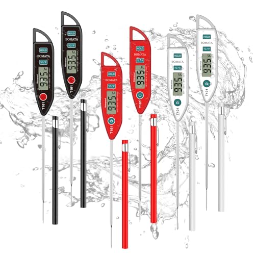BOMATA 6 Pack Waterproof IPX7 Meat Thermometer Instant Read Food Thermometer with Long Probe for Water, Liquid, Kitchen Cooking, Grill,BBQ ! T101 X 6 Pcs (Black & Red & White)… - color: Black,Red,White