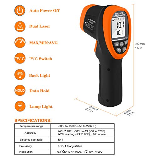 -58℉~2732℉ Industrial Pyrometer,Infrared Thermometer Temperature Gun,30:1 Dual Laser Industrial IR Temperature Gauge,Adjustable Emissivity (NOT for Human Temp Test) - color: AP-2732 Orange