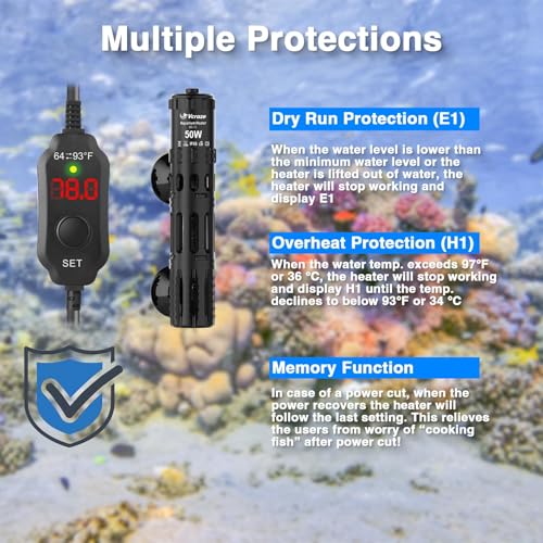 Aquarium Heater 50W, Submersible Fish Tank Heater with LED Digital Display, Auto Power-Off When Leaving Water & High Temp Protection, for Fresh and Salt Water Tanks 5-10 Gal - size: For Tanks 5-10 Gal