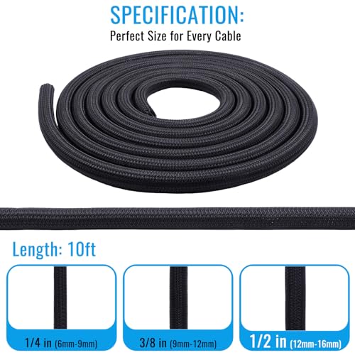 1/2" - 10Ft Split Braided Cable Sleeve, Wire Loom Tubing, Black - size: 1/2" - 10Ft