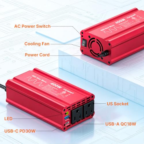 400W Car Power Inverter, DC 12V to AC 110V, PD3.0 QC18W 2 Outlets Dual USB - color: Red-30