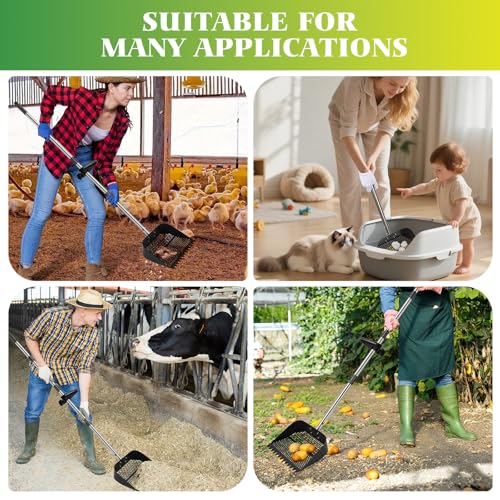 Chicken Poop Scooper for Sand, Coop Scoop with 22 to 64" Adjustable Handle, 2-in-1 Metal Shovel Head Chicken Scooper for Poop, Litter Rake & Sifting Shovel for Pet Waste Cleaning