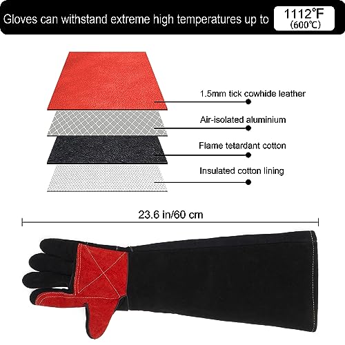 Long Welding Gloves 23.6 Inches 932℉,Heat/Fire Resistant Leather For Mig, Tig, Stick, Forge, BBQ, Grill, Fireplace - color: 23.6in Black