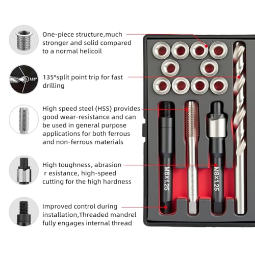 M8x1.25 Thread Repair Kit with 11.7mm Insert, HSS Drill, Tap, Counterbore, Installation Driver, Solid Stainless Steel Insert M8x1.25x11.7mmx10pcs - size: M8X1.25X11.7MM Thread Repair Kit