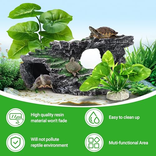 GOZILLA Turtle Basking Platform Kit, Reptile Habitat Hideout, Decorative Resin for Aquarium & Terrarium, Including Artificial Plant*2.(Black-M-Kit)