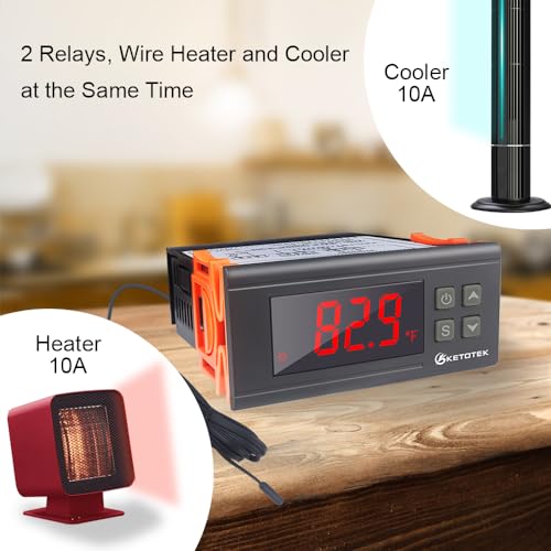 KETOTEK Digital Temperature Controller AC110V 10A Fahrenheit Thermostat with 2m Waterproof Sensor 2 Relays Heating Cooling Incubator - style: Output: 10A