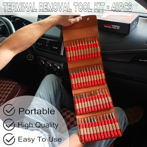 48 Pcs Terminal Removal Tools with Leather Case, Depinning Tool Kit - color: Red