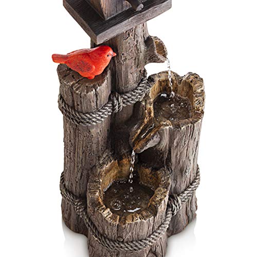 Alpine Corporation 35" Tall Outdoor 3-Tier Birdhouse Water Fountain with Cardinal Accent, Rustic Floor Decor for Garden and Patio, Brown - style: 3- Tiered Log & Branch