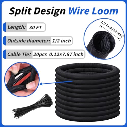 30ft - 1/2in Split Braided Sleeve Cable Management, Self-Wrapping - size: 1/2inx30ft