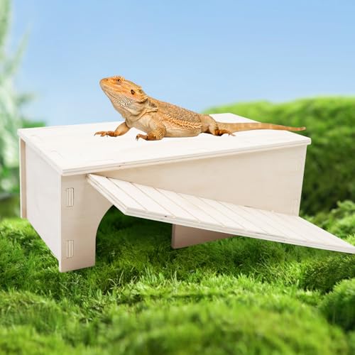 2-in-1 Wooden Hide Cave with Ramp & Basking Platform – Reptile Hideout & Tank Accessory for Bearded Dragons, Geckos, Snakes - size: Large