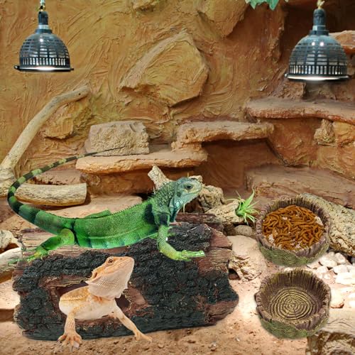 3 pcs Large Reptile Hide Cave Set with Food & Water Bowls. Natural Resin Hollow Tree Trunk Hideout. Reptile and Fish Tank Accessories for Geckos, Lizards, Snakes and Hermit Crabs