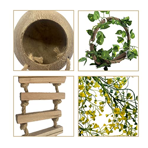 Crested Gecko Coconut Hut with Ladder,Natural Bearded Dragon Coco Den Reptile Shell Hideout Husk Hut Climbing Plants Leaves Tank Accessories for Lizard Chameleon Snakes