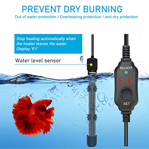 YukiHalu Small Submersible Aquarium Heater, Adjustable Mini Fish Tank Heater 25W 50W 100W 200W 300W with External Temperature Controller, LED Display, Used for 5/10/20/40/60 Gallons (200 Watts) - size: 200 Watts