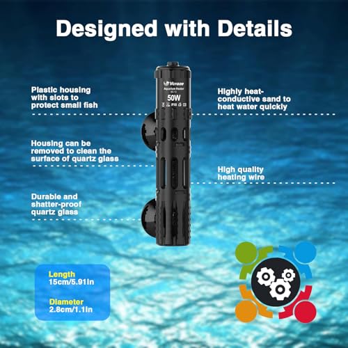 Aquarium Heater 50W, Submersible Fish Tank Heater with LED Digital Display, Auto Power-Off When Leaving Water & High Temp Protection, for Fresh and Salt Water Tanks 5-10 Gal - size: For Tanks 5-10 Gal