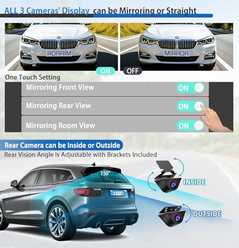 Rear View Mirror Dash Cam 3 Channel: 12" Rearview Dashcam with Detached 360° Front,Infrared Inside,Waterproof Backup Camera - GPS Loop Record Parking Monitoring for Car Truck RV Uber Driver